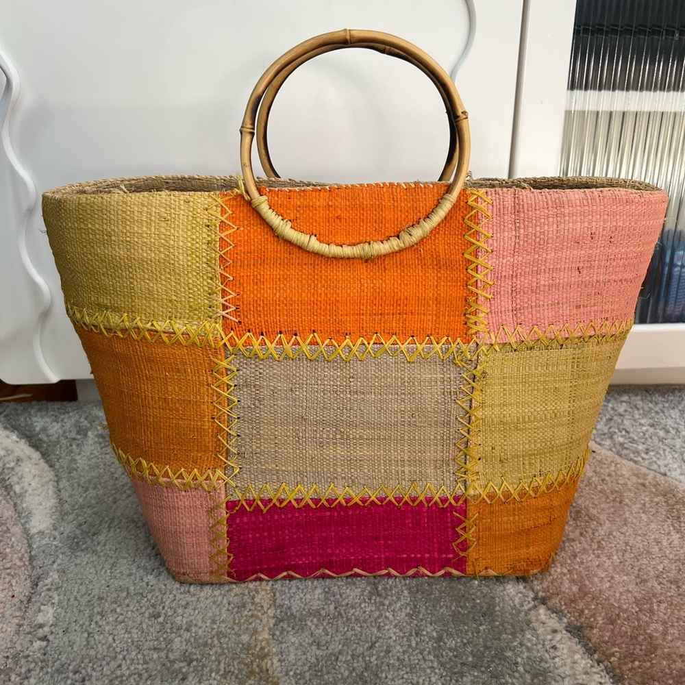 Vintage Y2K Colorful Tweed Patchwork Tote Bag With Bamboo Handles